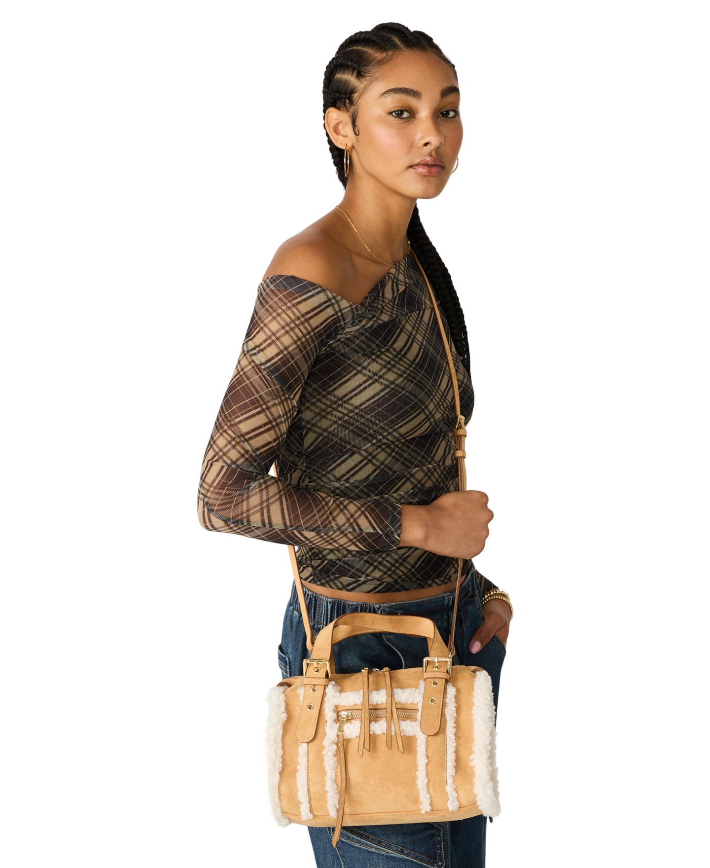 Женская сумка Madden Girl Sherpa Medium Satchel Handbag, цвет: Рыжевато-коричневый — фото 6