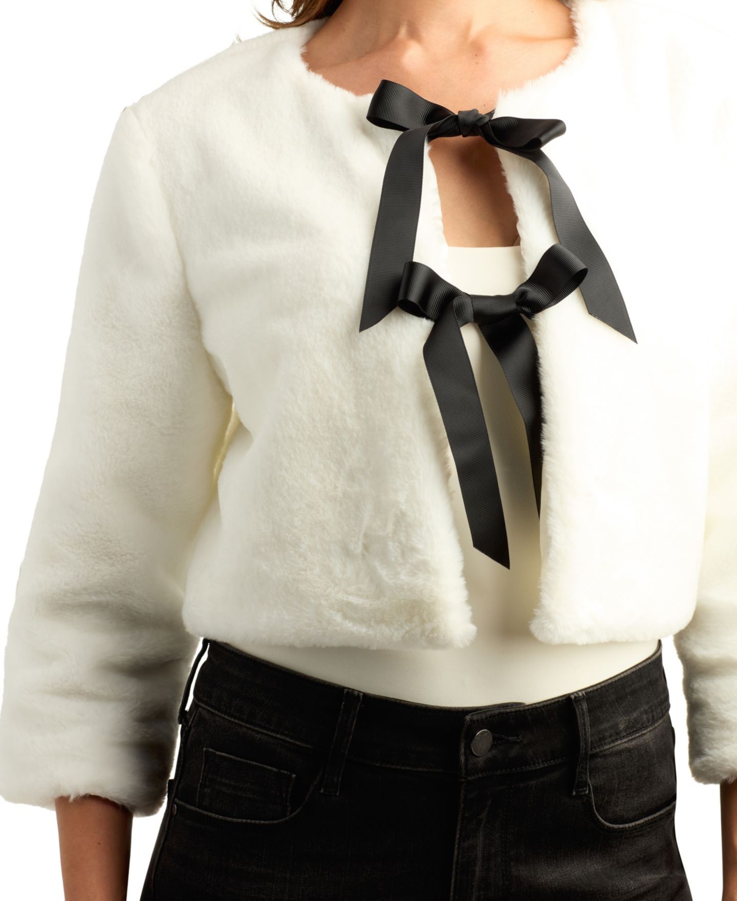Женская куртка BCX Cropped 3/4-Sleeve Tie-Front Faux Fur, цвет: Слоновая кость — фото 4