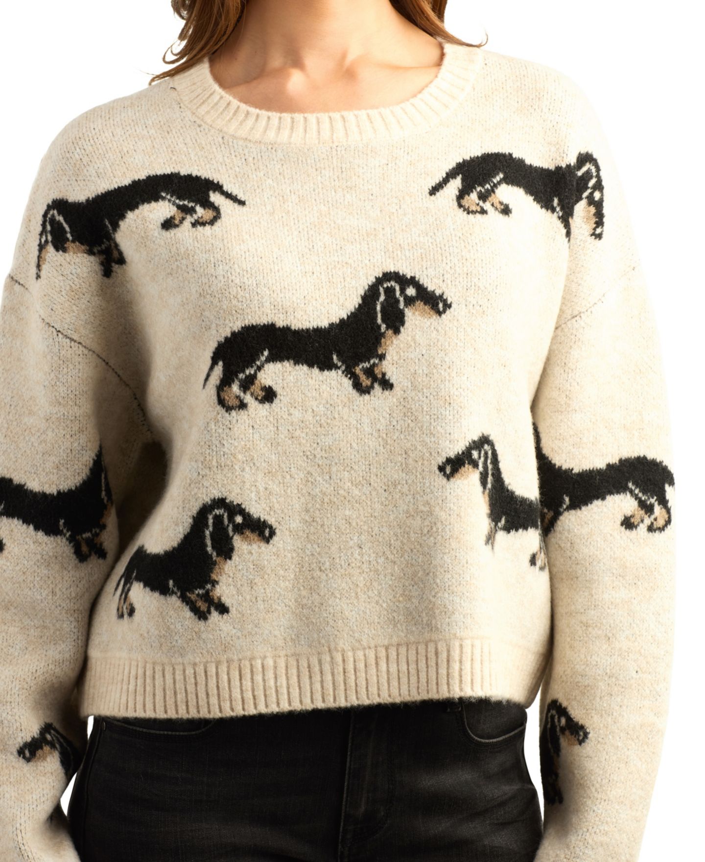 Женский свитер BCX Juniors' Long-Sleeve Dog-Print Cropped, цвет: Овсяный — фото 3