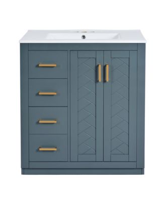 30 Inch Freestanding Bathroom Vanity, MDF Cabinet with Solid Poplar Wood Frame, Ceramic Integrated Sink, Removable Drawer Dividers
