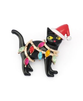 Glass Crystal and Imitation Pearl Gold-Tone Lighted Cat Brooch