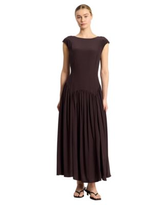Women's Drop-Waist Fitted-Bodice Slash-Neck Maxi Dress