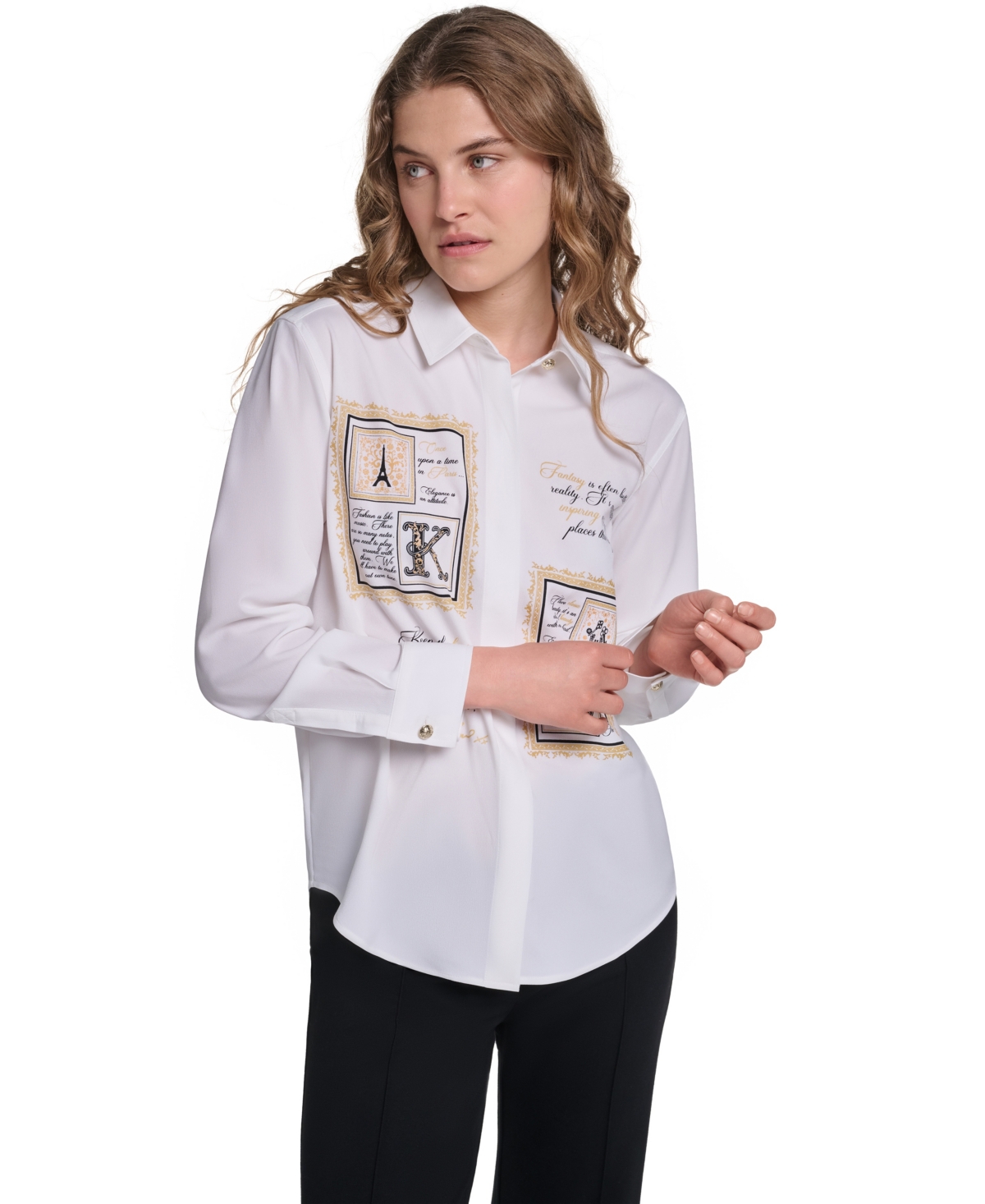 Karl Lagerfeld Paris Women's Frames Point Collar Long Sleeve Button Down