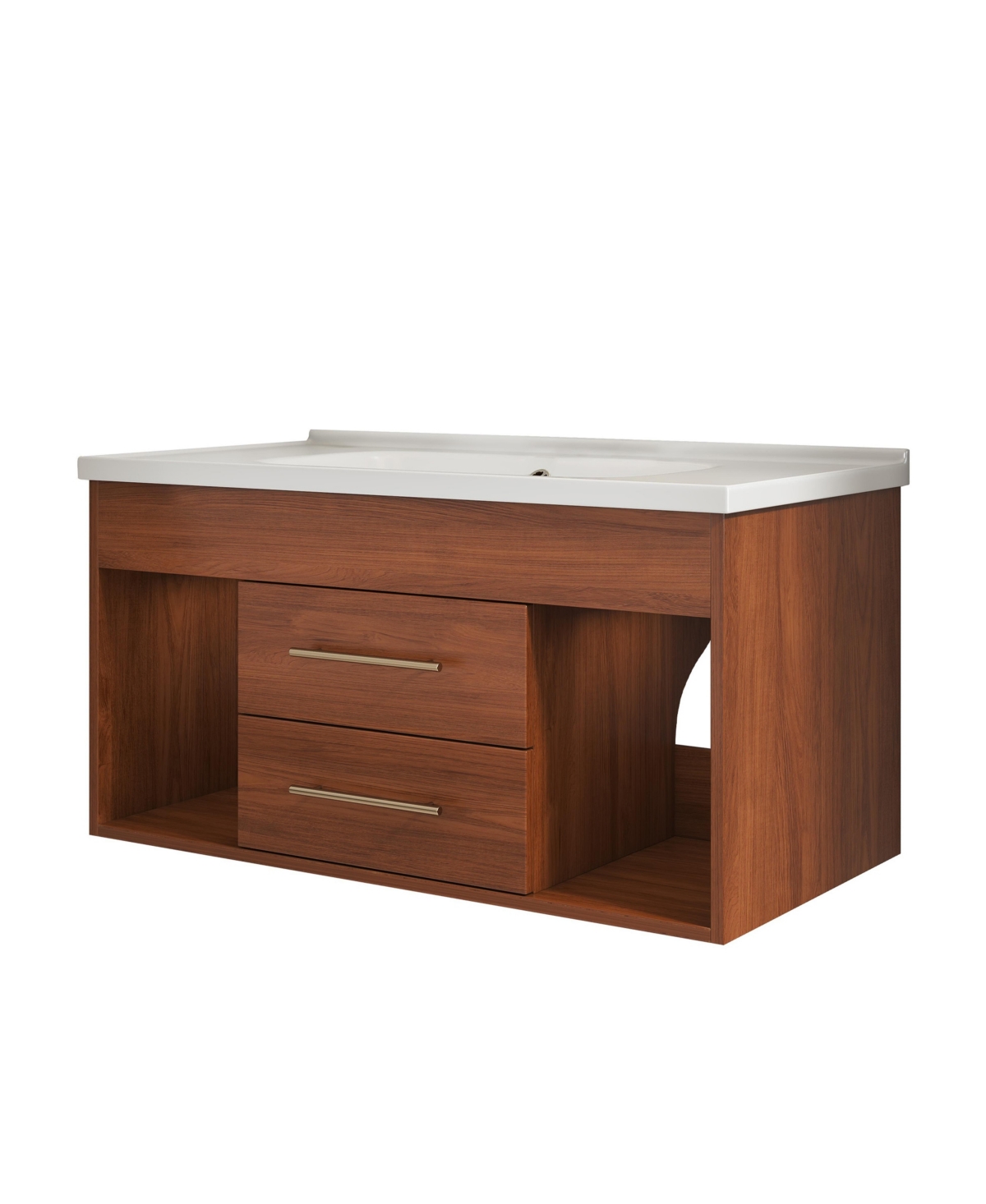Thirtypeachy 35.4 Inch Floating Bathroom Vanity, Plywood Cabinet, Ceramic Integrated Sink - Walnut