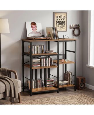 33 Inch 4-Tier Wood and Metal Mid-Century Reversible Vinyl Record Storage Cabinet