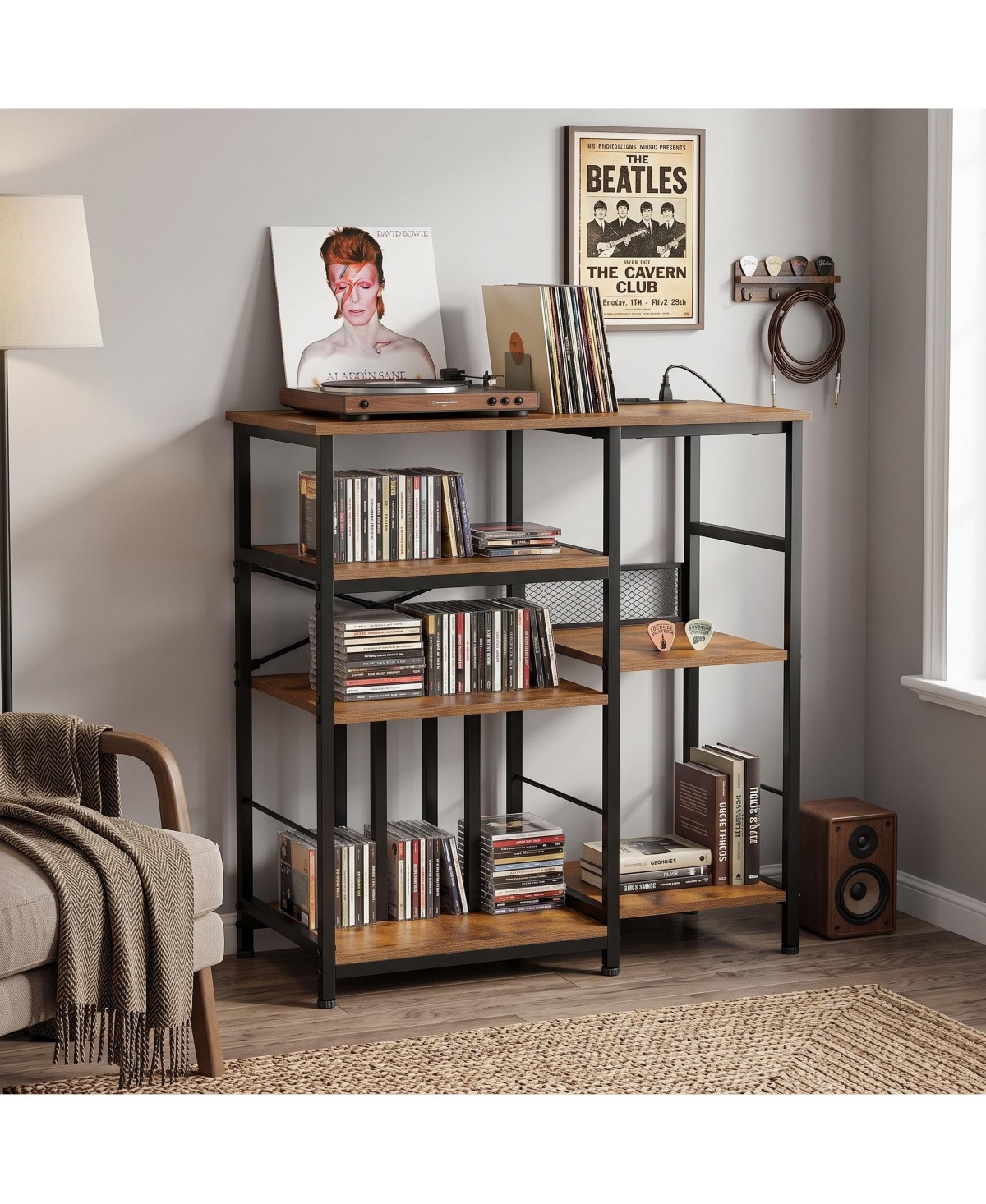 gaomon 33 Inch 4-Tier Wood and Metal Mid-Century Reversible Vinyl Record Storage Cabinet