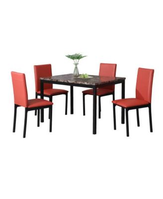 5-Piece Metal Dining Set, Faux Marble Top Table and 4 Red Faux Leather Chairs