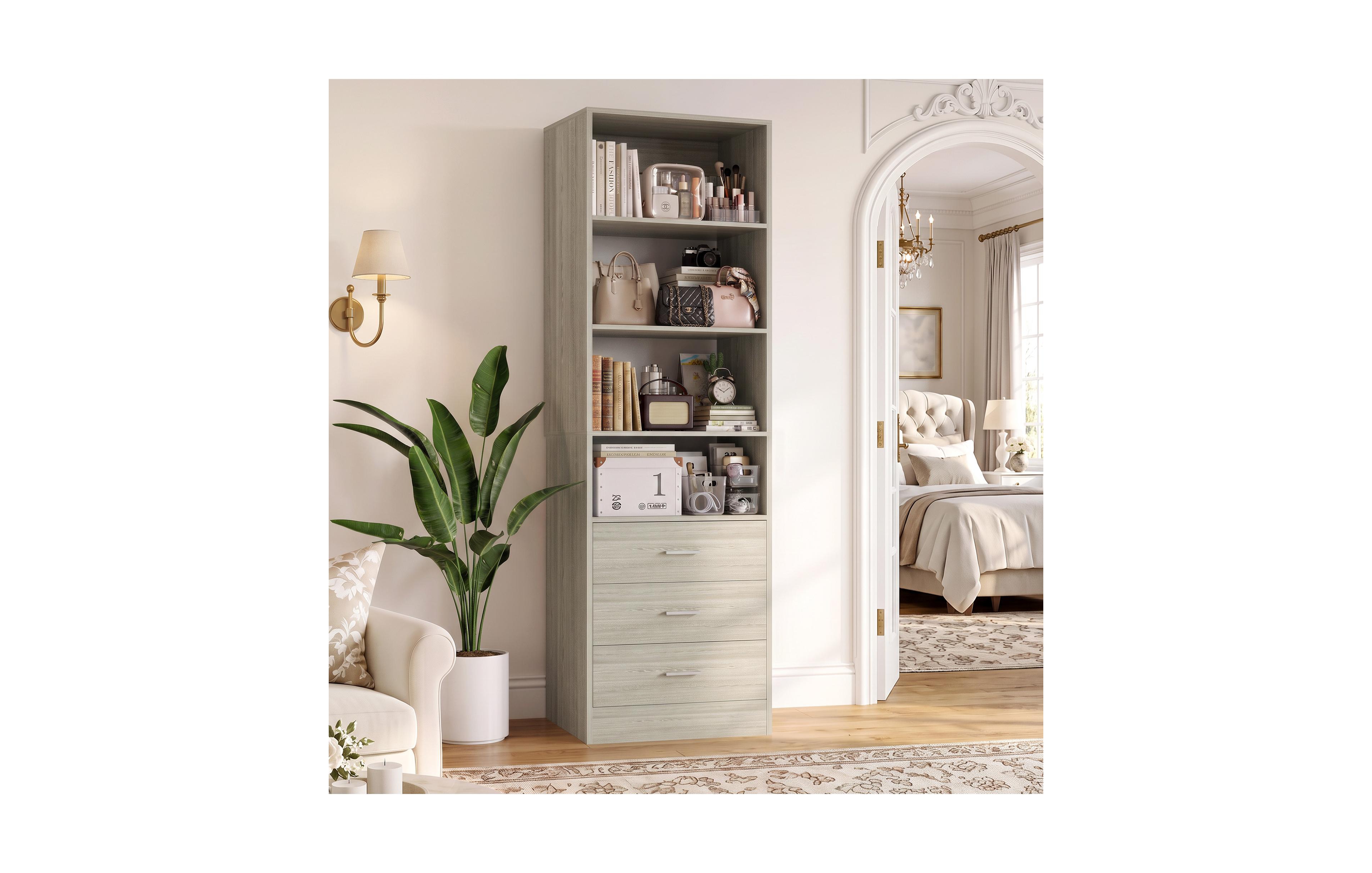 Aheaplus 80 Inch 3-Shelf Mdf Adjustable Freestanding Storage Cabinet with 3 Drawers