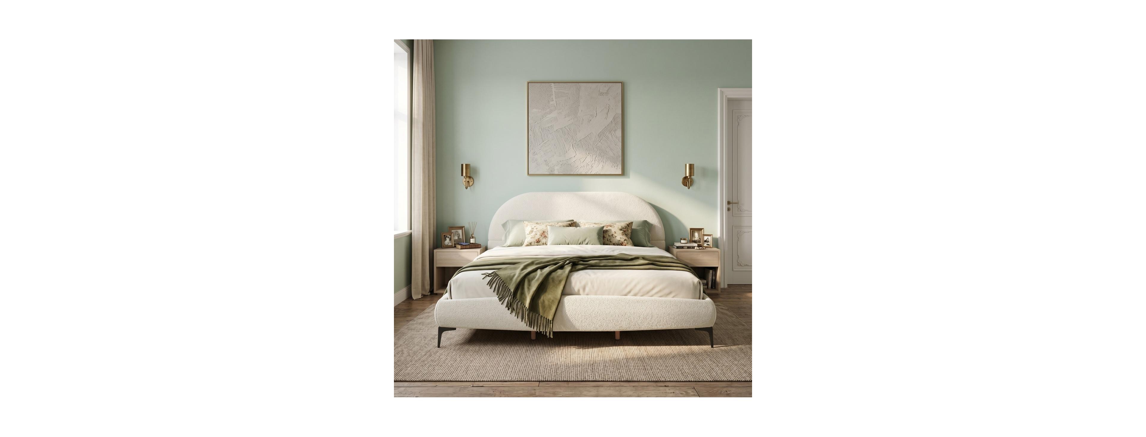 Streamdale Furniture Luxury Boucl Queen Platform Bed with Curved Headboard