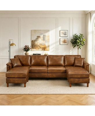 120" Sectional Sofa with Storage Ottomans, PU Leather