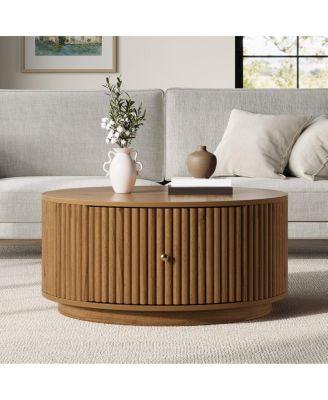 Round Fluted Drum Coffee Table with Dual Storage Drawers