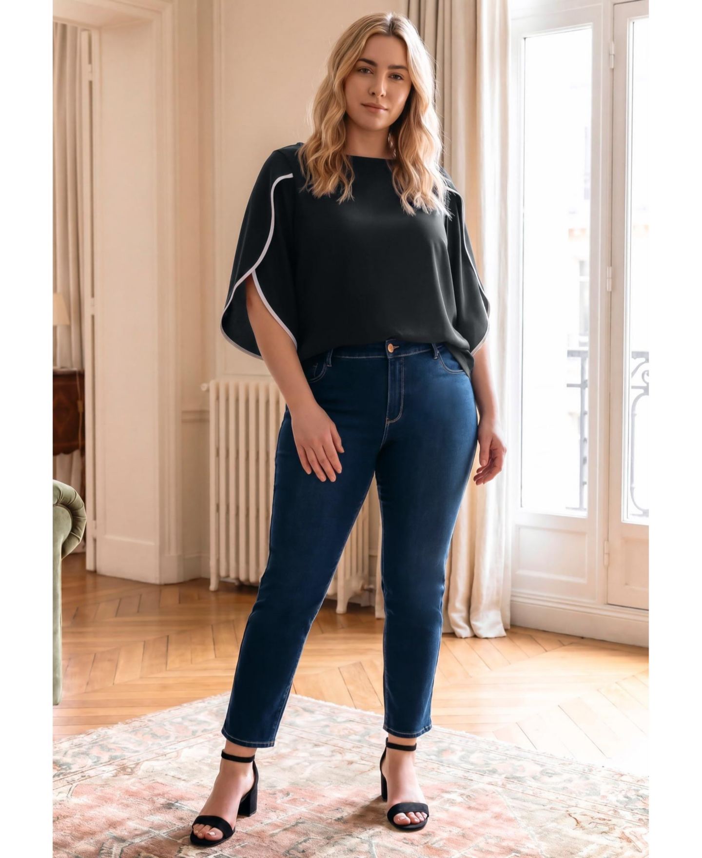 Женская блузка Avenue Plus Size Relaxed-Fit Contrast Tulip, цвет: Чёрный — фото 2