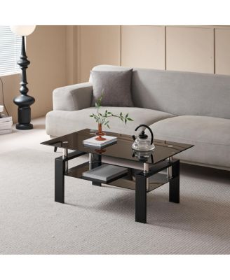 Tempered Glass Coffee Table, 2-Tier Tea Table, 100x55x45cm