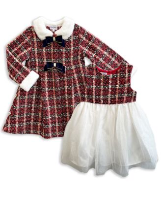 Girls' 2T-6X Holiday Tartan Plaid Boucle Coat and Dress, 2-Piece Set
