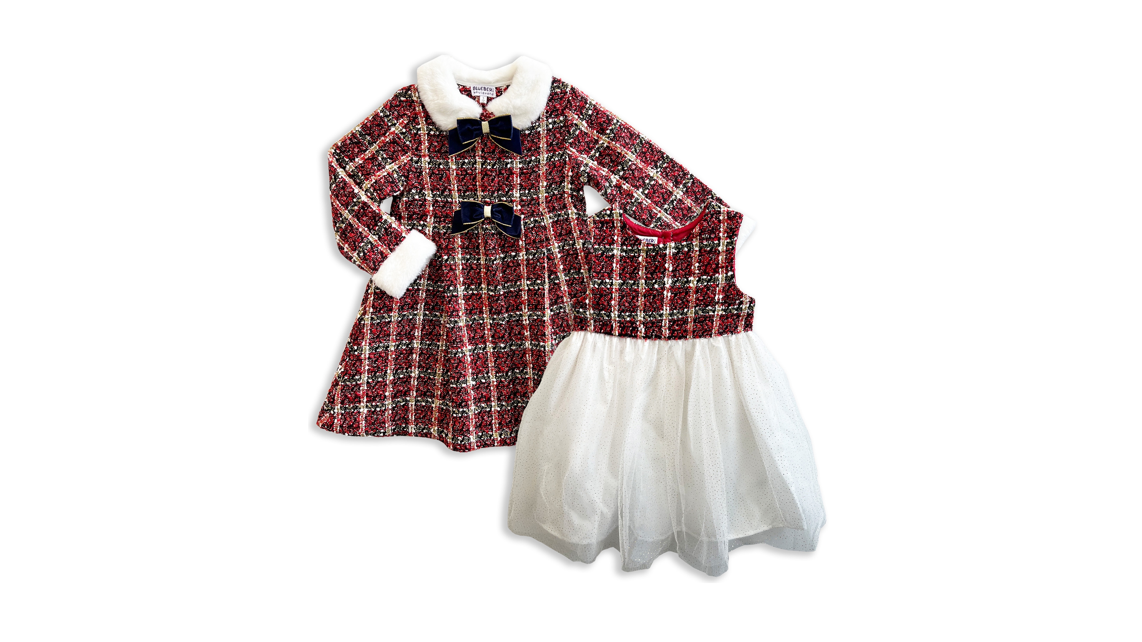 Blueberi Boulevard Girls' 2T-6X Holiday Tartan Plaid Boucle Coat and Dress, 2-Piece Set