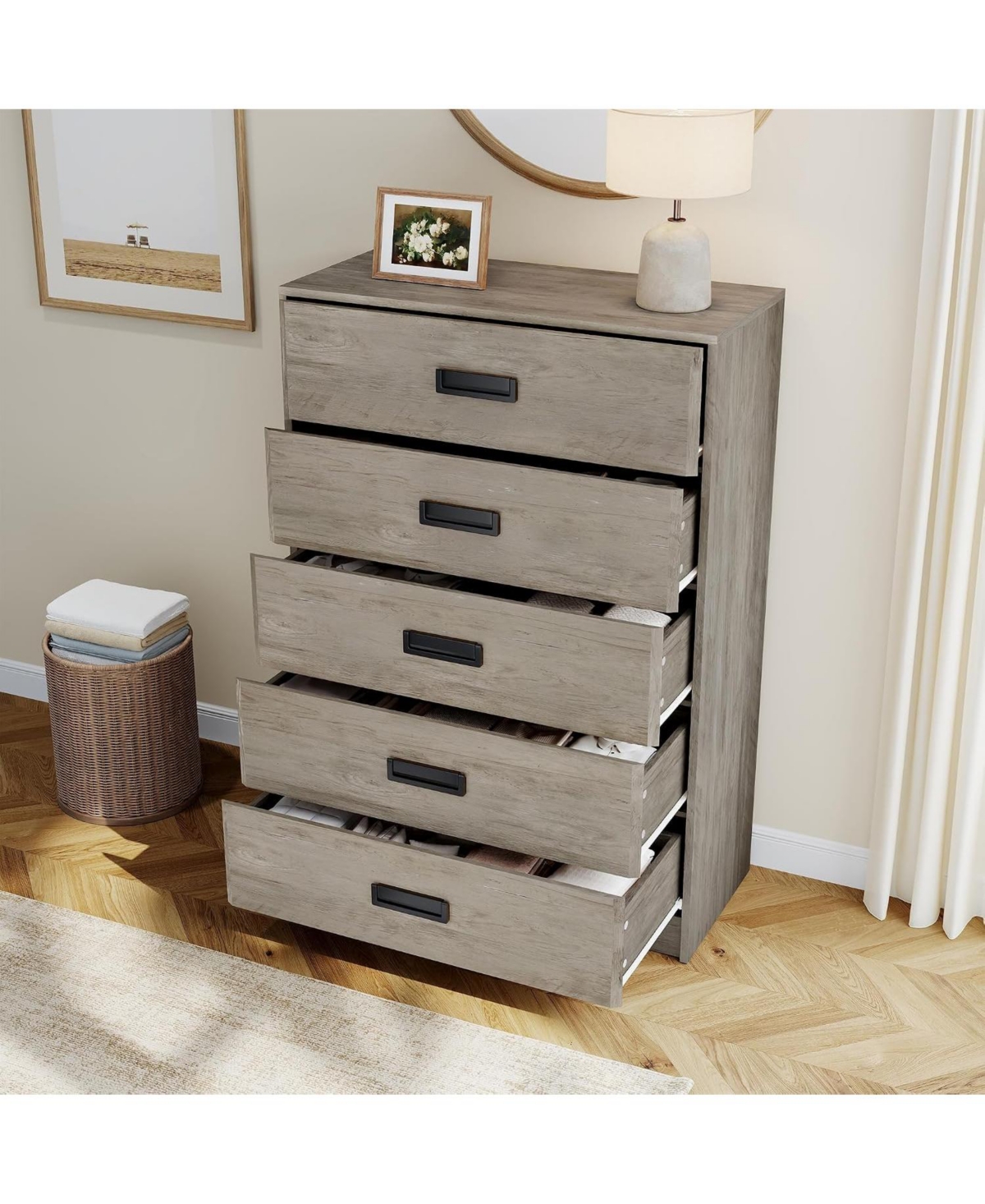 homfan 5-Drawer Dresser for Bedroom, 43.7" Tall Vertical Chest of Drawers, Double Beveled Edge