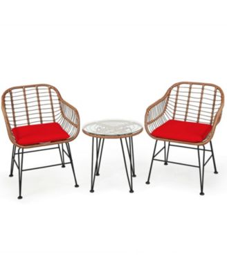 3-Piece Patio Rattan Bistro Set with 2 Armchairs and Glass Top Side Table