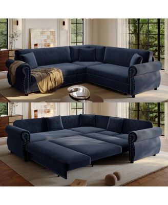 88.2" L-Shaped Pull-Out Sleeper Sofa with Nailhead Trim and Rolled Arms