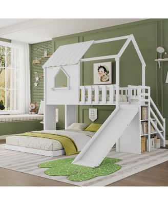  Twin Over Full House Bunk Bed with Slide and Stairs