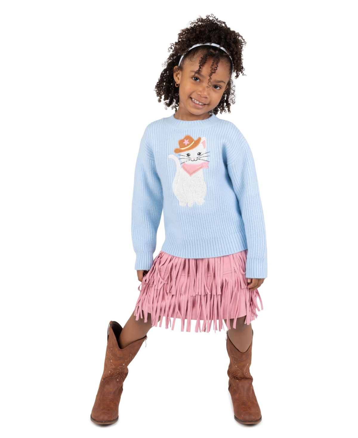 Rare Editions Girls' 4-16 Long-Sleeve Cowgirl Cat Applique Tiered Sweater and Dress, 2-Piece Set