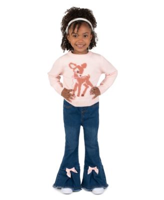 Girls' 2T-6X Deer Jacquard Sweater and Flare Denim Jeans, 2-Piece Set