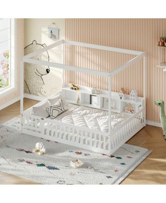  Full Size Montessori Floor Bed with Storage and Guardrails