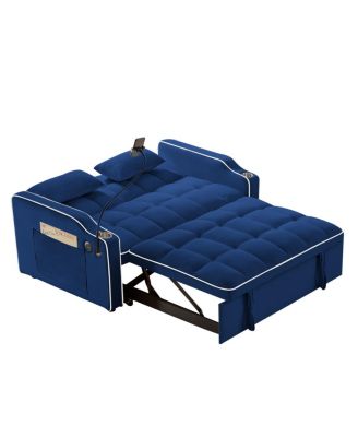 Foldable Double Seat Velvet Sleeper Sofa Bed with USB Port and Adjustable Backrest