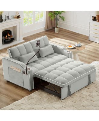  Foldable Velvet Double Sleeper Sofa Bed with USB Port and Adjustable Backrest