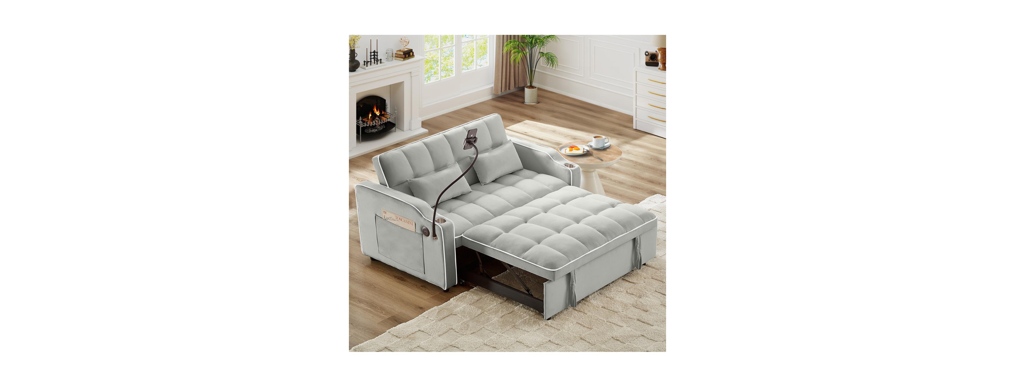 Streamdale Furniture Foldable Velvet Double Sleeper Sofa Bed with Usb Port and Adjustable Backrest