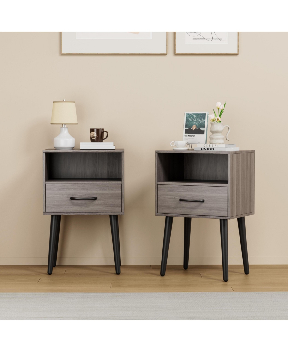 Boyel Living Two sets of Nightstand,modern style bedside table, With storage drawers and open wooden shelves, Suitable for living rooms - Grey
