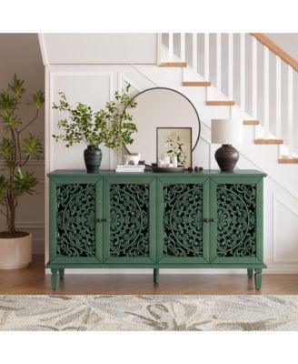60" Floral Carved Antique Buffet, Solid Wood Sideboard TV Stand with Adjustable Shelves for Home
