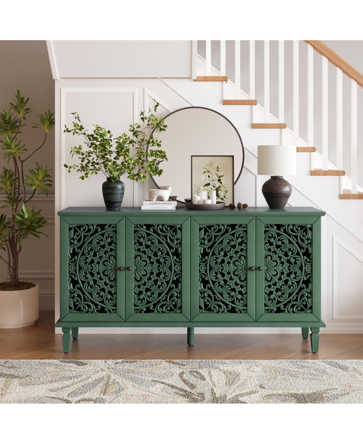 Clihome 60" Floral Carved Antique Buffet, Solid Wood Sideboard Tv Stand with Adjustable Shelves for Home - Antique green