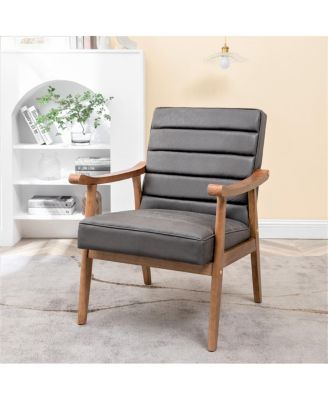 Mid-Century Modern Leather-Look Microfiber Accent Chair with Solid Wood Frame