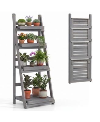 4-Tier Foldable Fir Wood Plant Stand for Garden and Balcony