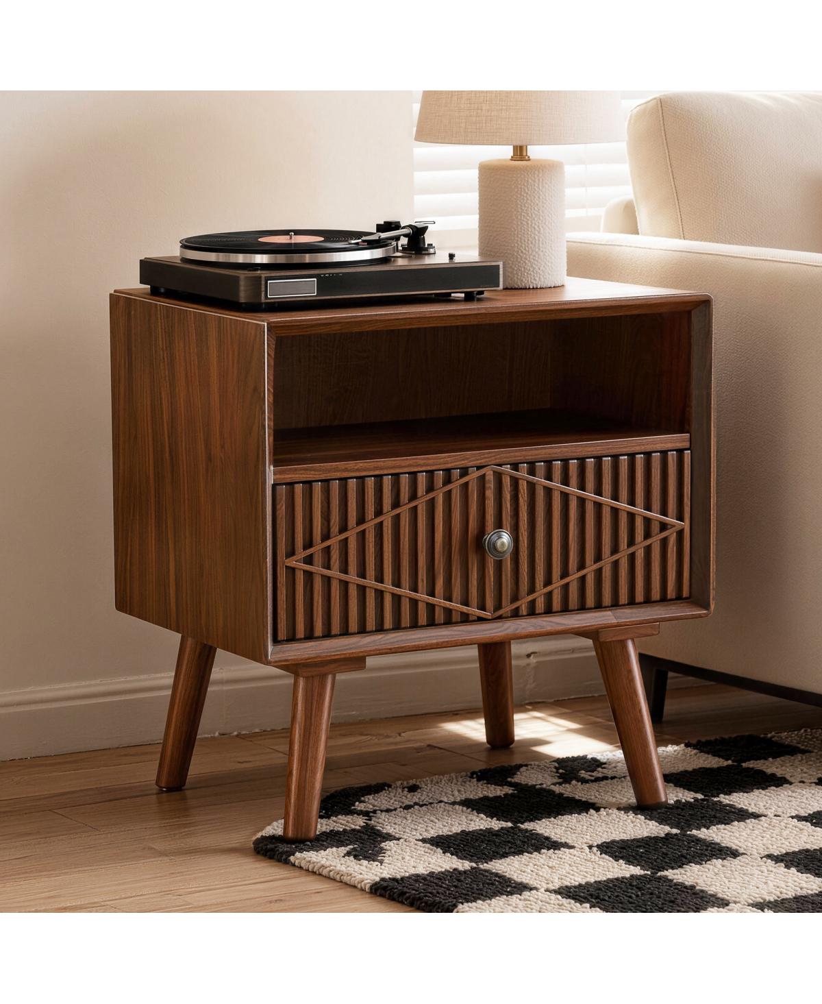 Streamdale Furniture Mid-Century Modern 22" Wood Nightstand with Carved Drawer and Shelf