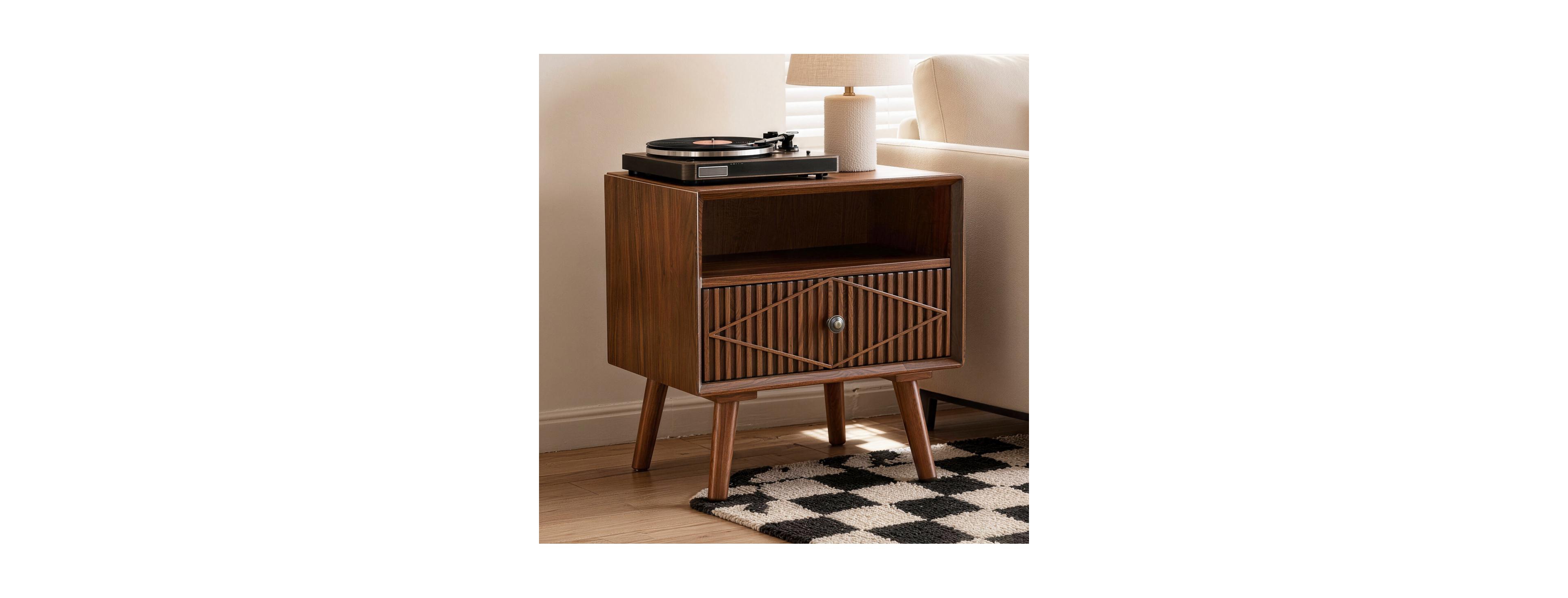 Streamdale Furniture Mid-Century Modern 22" Wood Nightstand with Carved Drawer and Shelf