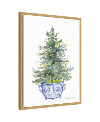 Sylvie Framed Canvas Traditional Christmas Tree In Blue Chinoiserie Pot by Patricia Shaw