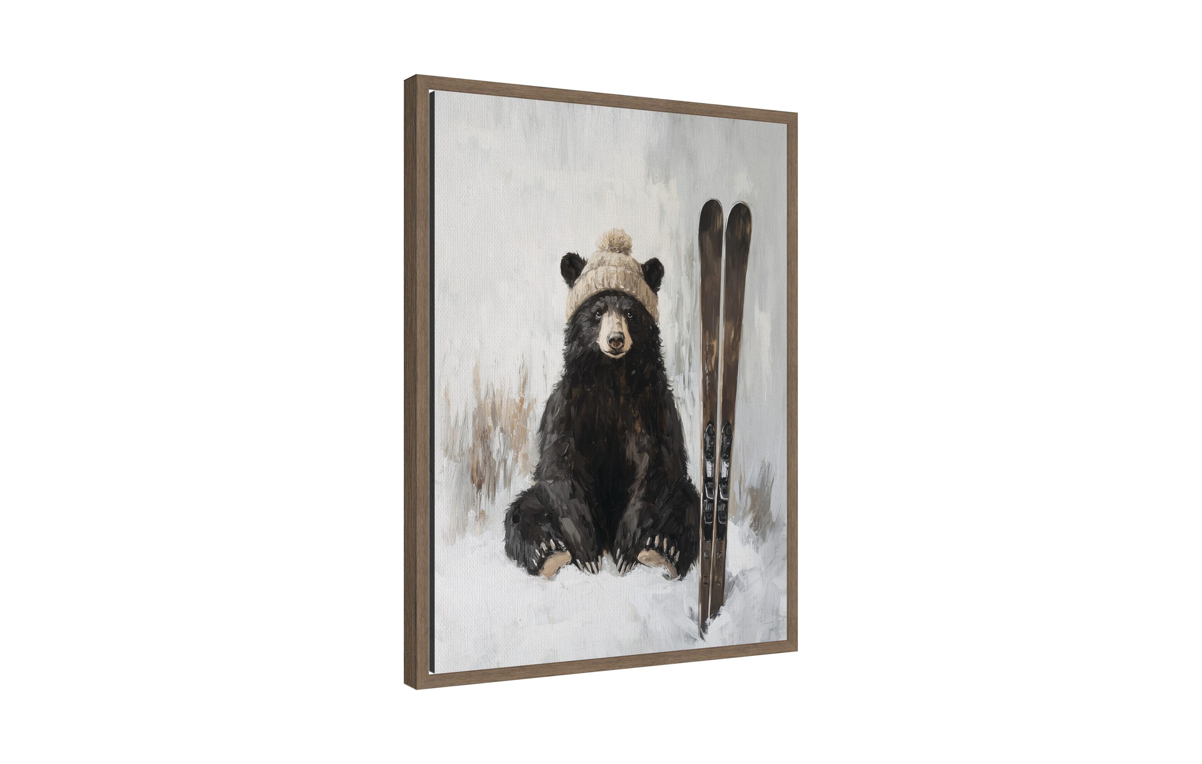 Kate and Laurel Sylvie Framed Canvas Winter Bear Waiting to Ski by The Creative Bunch Studio