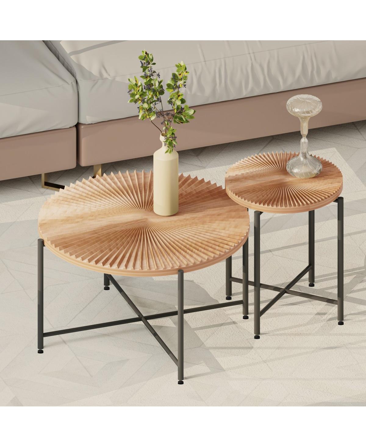 Streamdale Furniture Radial Pattern 2-Piece Coffee and End Table Set - Natural wood+brown