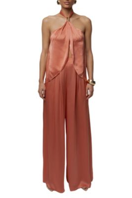 Women's Cascade Halter-Neck Wide-Leg Satin Blouse and Pants, 2-Piece Set