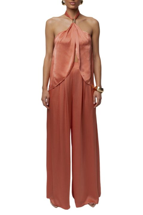 Женский комплект JLUXLABEL Cascade Halter-Neck Wide-Leg Satin Blouse and Pants, 2-Piece Set, цвет: Лососевый