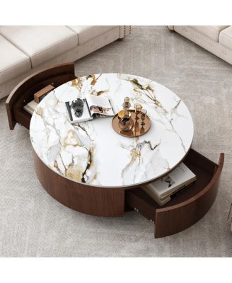 Rustic Round Coffee Table with 2 Drawers and Sintered Stone Top