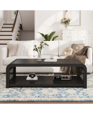 Curved Rectangular Rattan Coffee Table with 2-Tier Storage