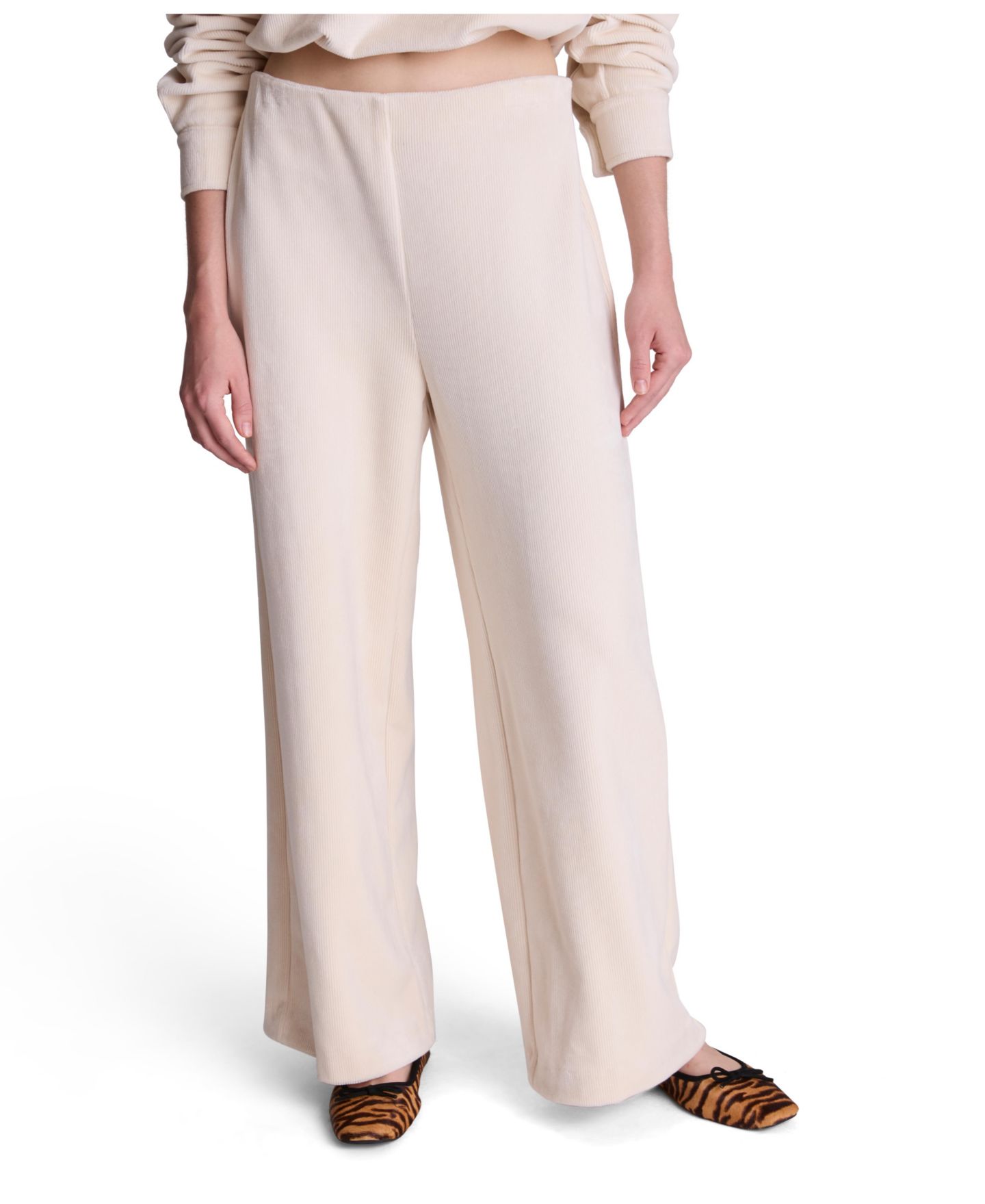 Женские брюки Kenneth Cole Hollywood Waist High-Waisted Wide-Leg Ribbed Fleece, цвет: Устричный — фото 1
