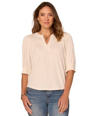 Petite Mandarin Collar Blouson-Sleeve Knit Top