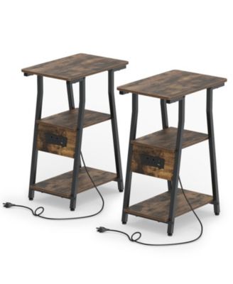 Set of 2 Industrial Side Tables with Charging Station and 3-Tier Shelves