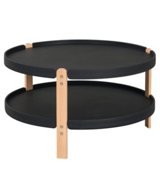 2-Tier Round Coffee Table with Open Shelf and Solid Beech Wood Legs