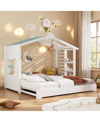 Twin Size House Bed with Twin Size Trundle and Side Shelves