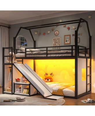 Twin House Loft Bed with Slide, LED Lights and Storage