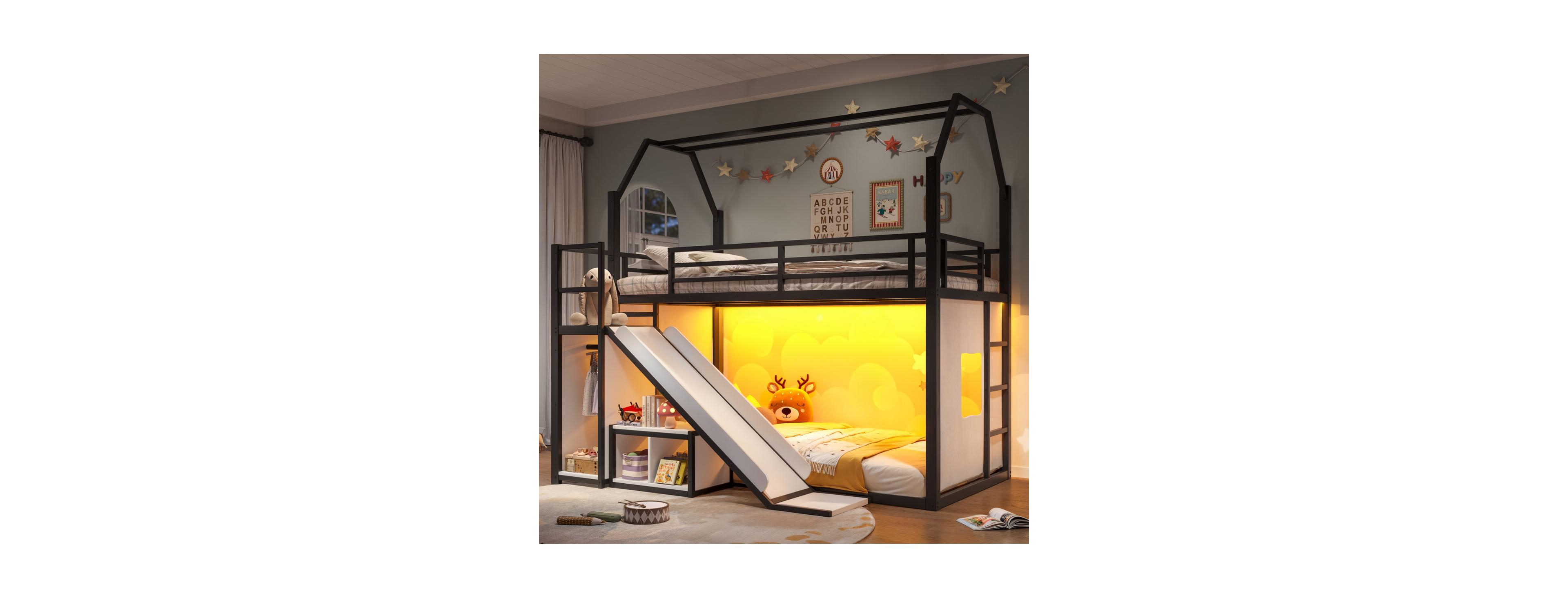 Streamdale Furniture Twin House Loft Bed with Slide, Led Lights and Storage